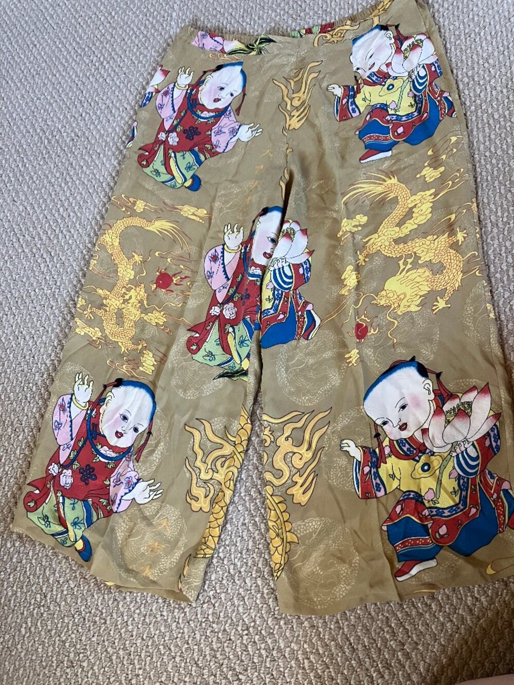 Citron Santa Monica Jacquard Wide Leg Pants 100% Silk Vibrant Asian Print Large